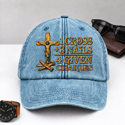 1 Cross 3 Nails 4 Given, Gift For Him | Personalized Vintage Washed Denim Cap