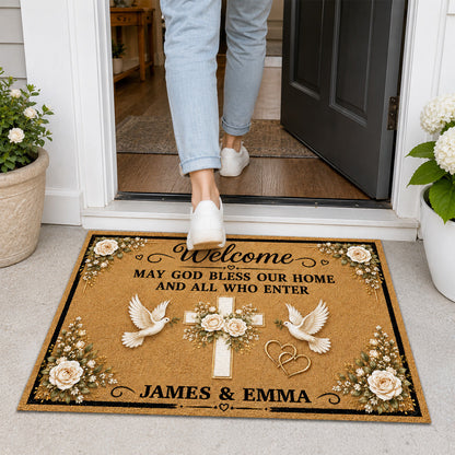 May God Bless Our Home And All Who Enter, Gift of Welcome | Personalized Doormat