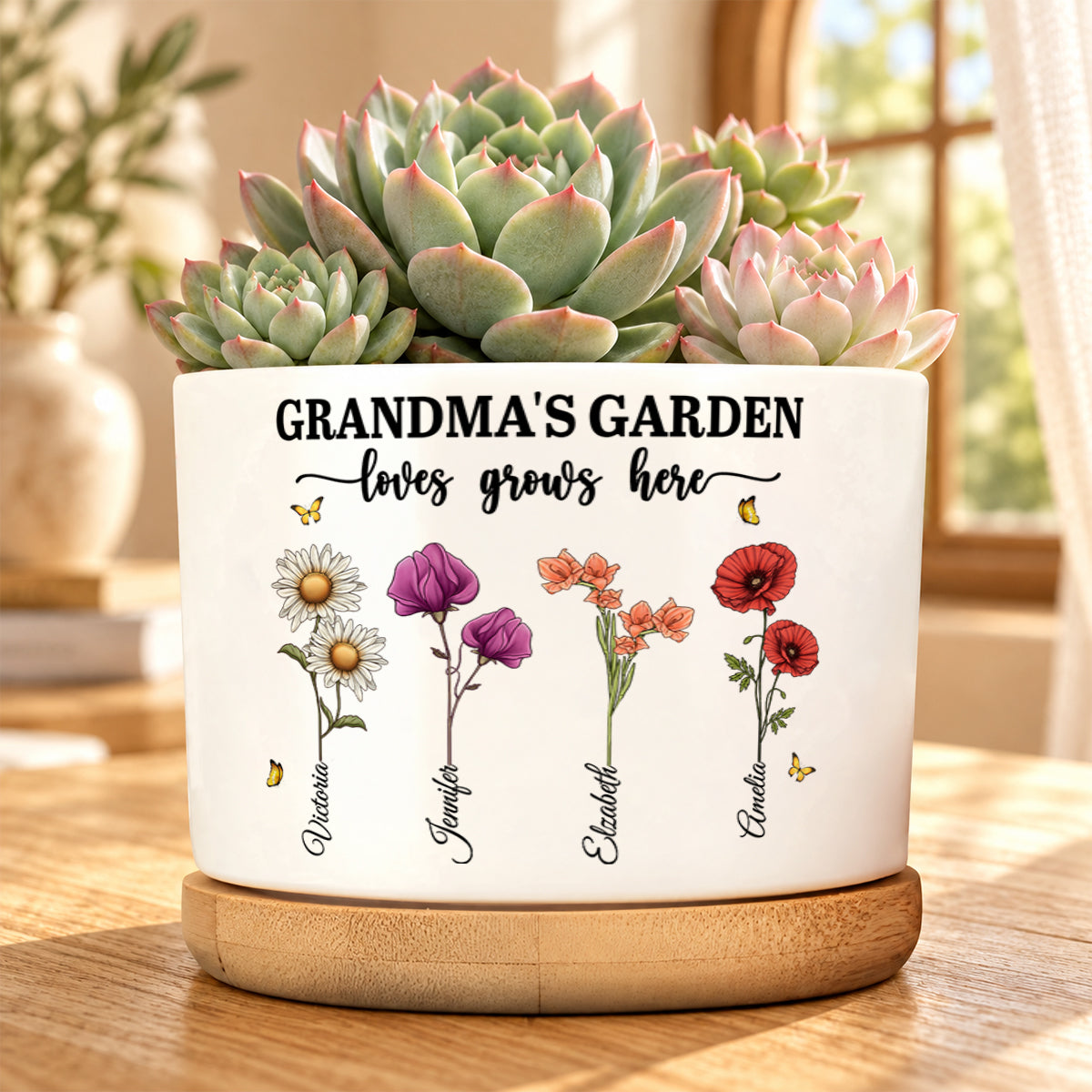 Grandma's Garden Love Grows Here, Gift For Grandma | Personalized Ceramic Plant Pot With Bamboo Tray
