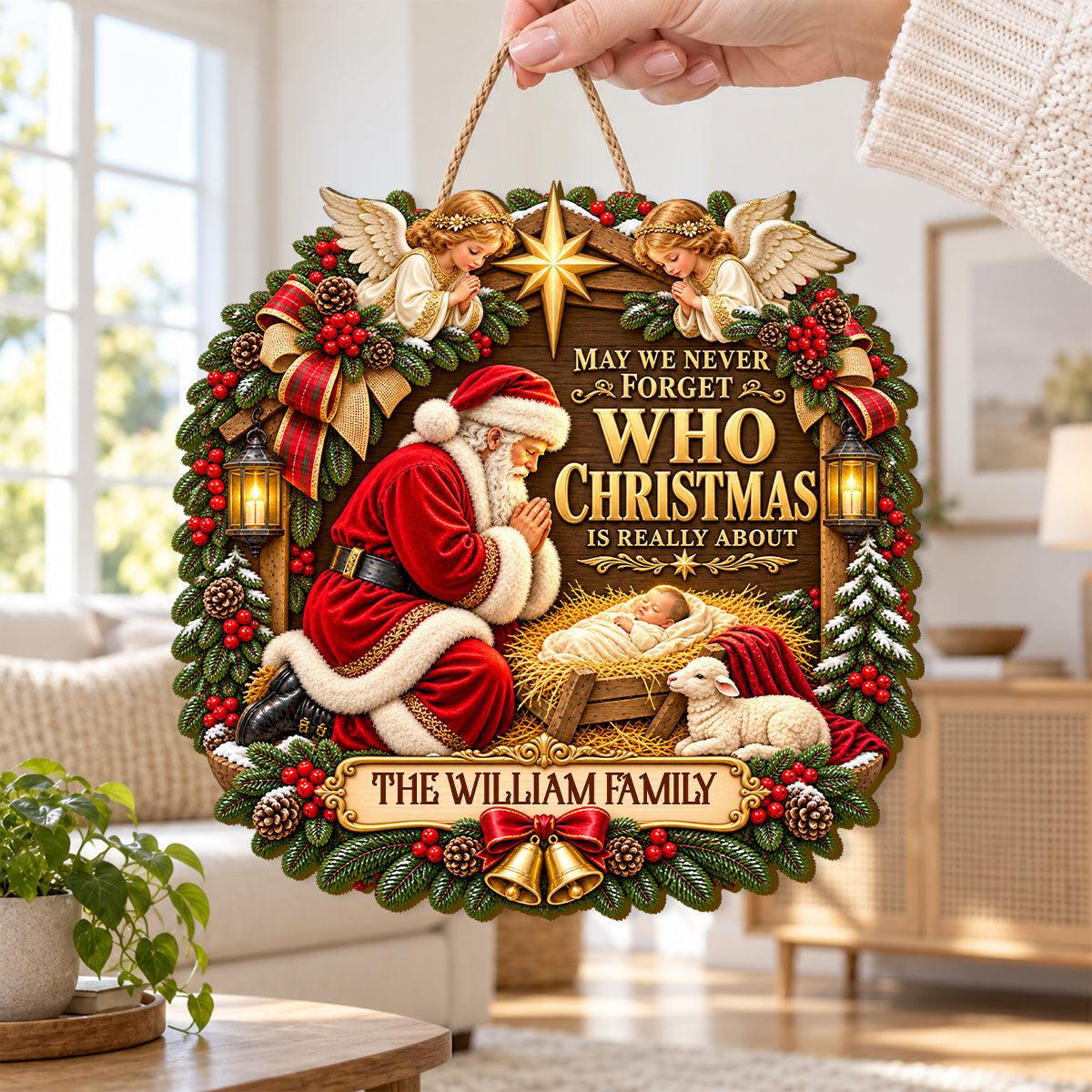 Santa Kneeling Before Baby Jesus, Gift For Family | Personalized Wooden Door Sign