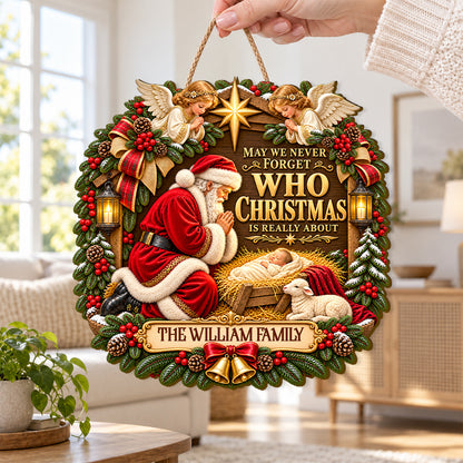 Santa Kneeling Before Baby Jesus, Gift For Family | Personalized Wooden Door Sign