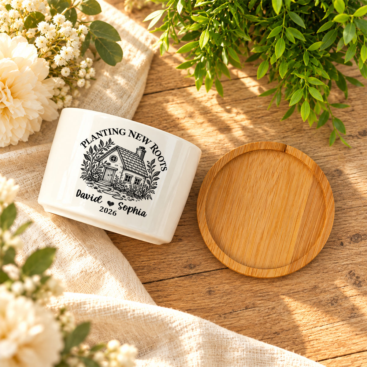 Planting New Roots, Couples Housewarming Gift | Personalized Ceramic Plant Pot With Bamboo Tray