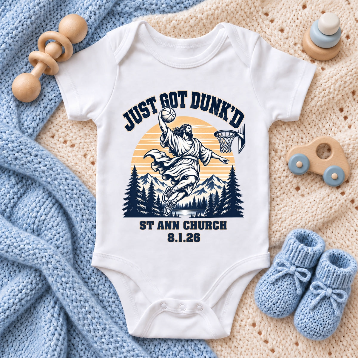 Just Got Dunk'd, Religious Figure With Basketball Hoop, Gift For Baby And Relgious | Personalized Custom Baby Onesie