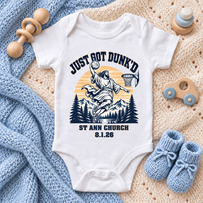 Just Got Dunk'd, Religious Figure With Basketball Hoop, Gift For Baby And Relgious | Personalized Custom Baby Onesie