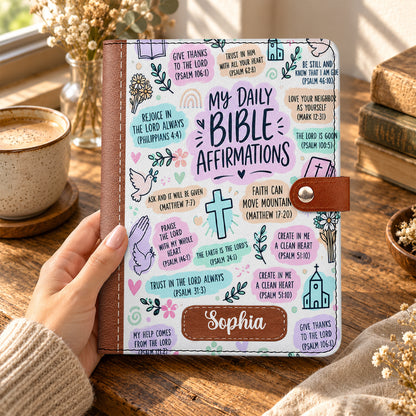 My Daily Bible Affirmations, Gift For Women | Personalized Leather Notebook Cover With Pocket