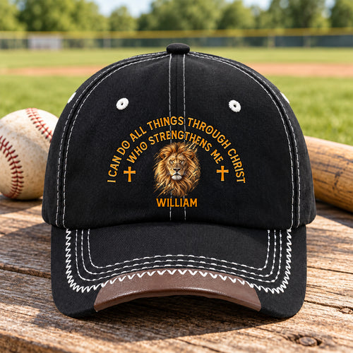 Christ Strengthens Me Lion, Gift For Men | Personalized Vintage Soft Baseball Cap