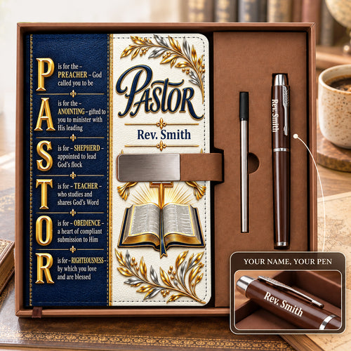 Pastor’s Words Of Faith, Gift For Pastor | Personalized Leather Notebook & Pen Set