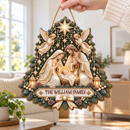 Holy Night Nativity Tree, Gift For Family | Personalized Wooden Door Sign