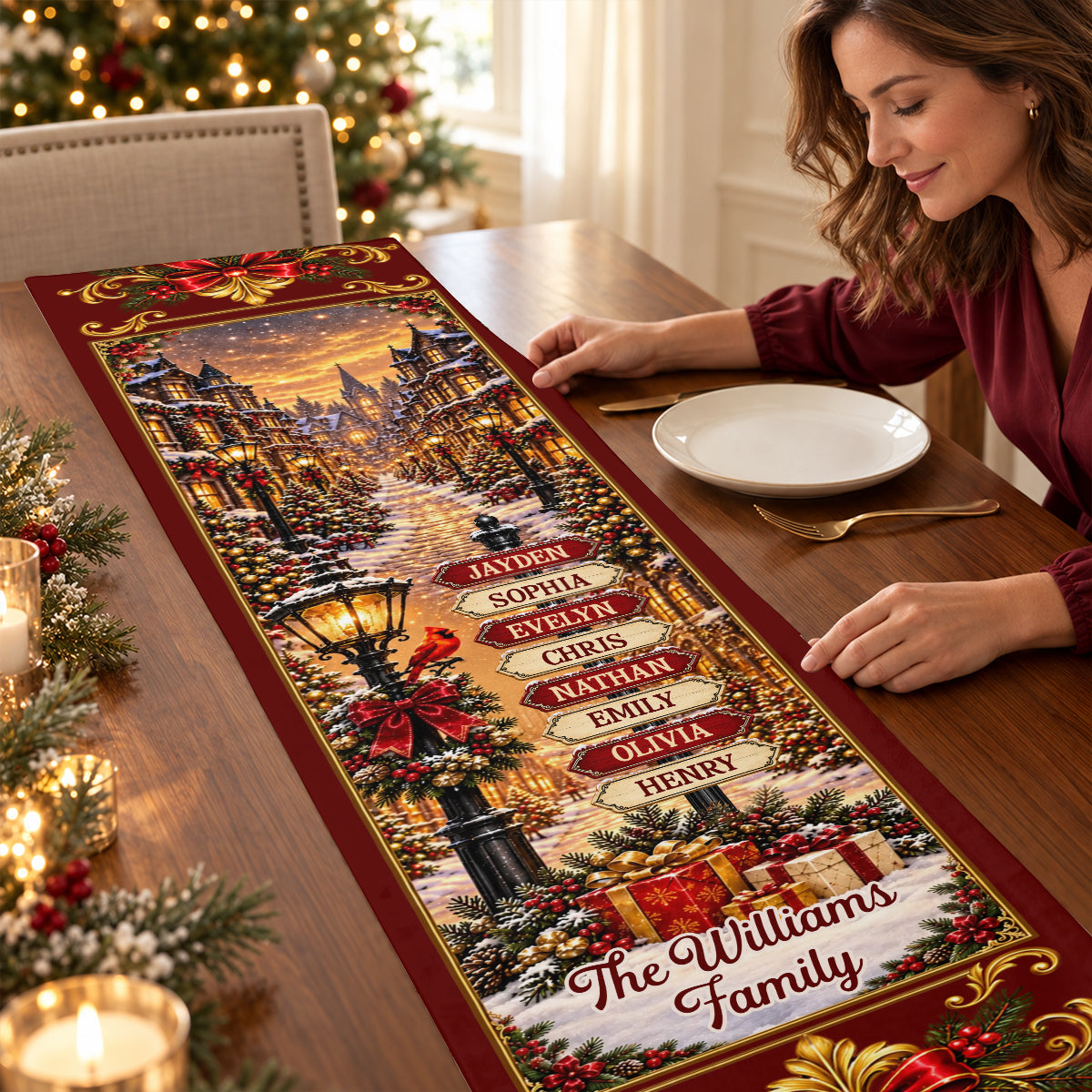 Custom Name Christmas Village Family Decor, Gift For Family | Personalized Table Runner