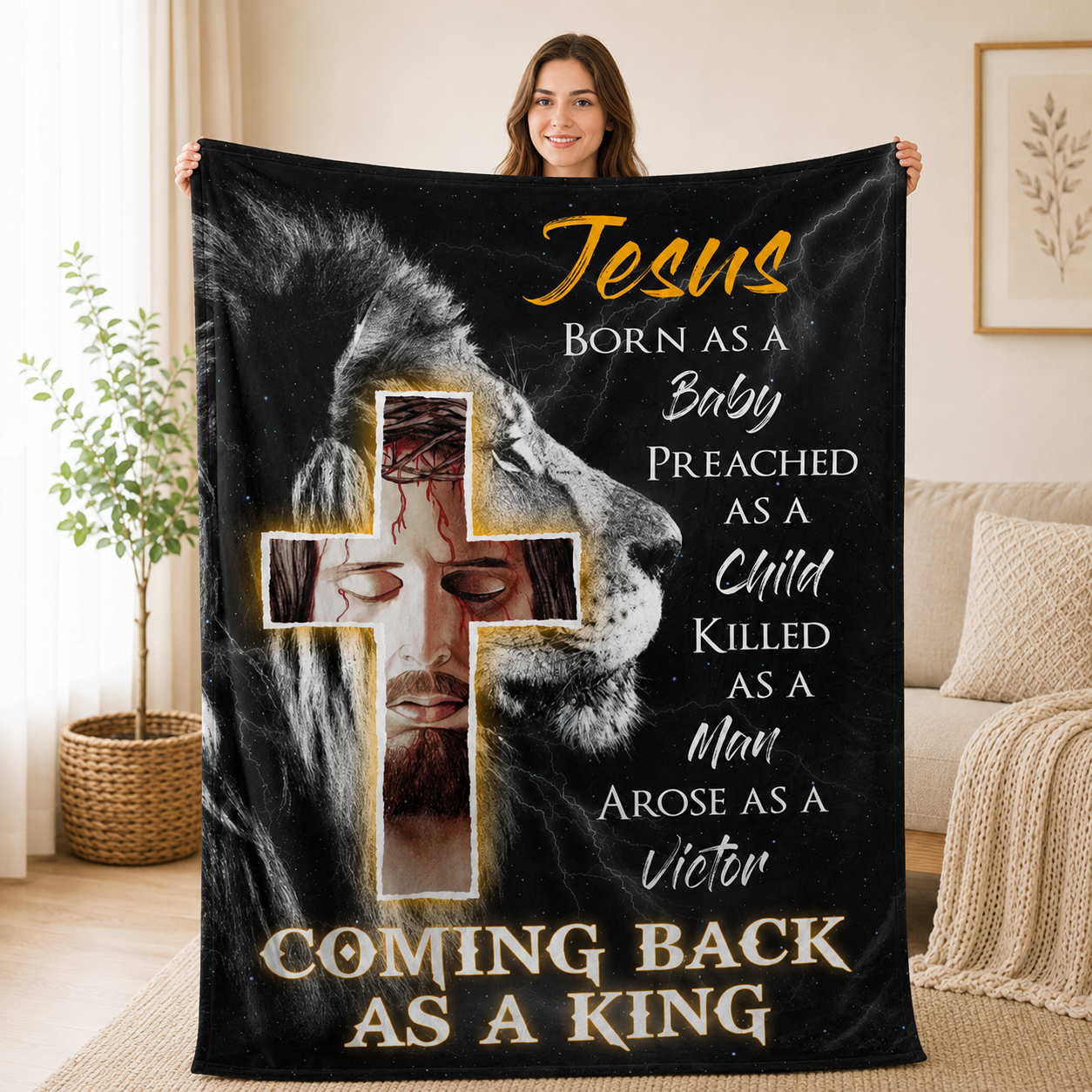 Jesus Lion Cross Faith Quote | Personalized Fleece Blanket