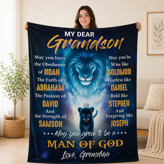 Lion Faith Prayer, Gift For Grandson From Grandma | Personalized Fleece Blanket