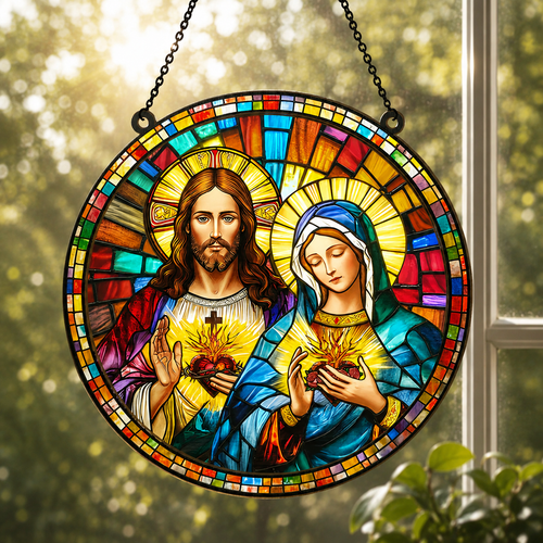 Sacred Heart Of Jesus & Immaculate Heart Of Mary, Catholic Gift, Gift of Devotion | Window Hanging Suncatcher
