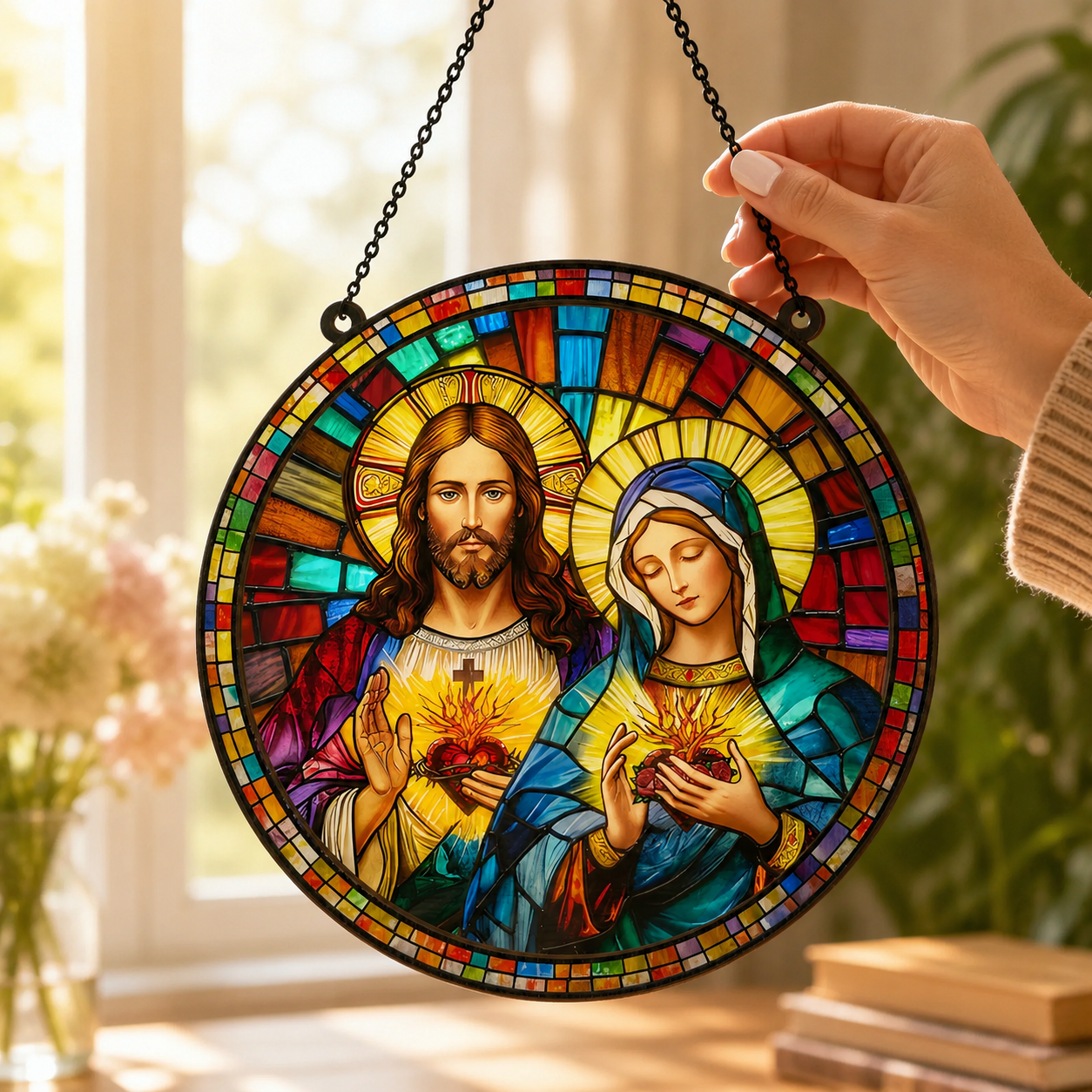 Sacred Heart Of Jesus & Immaculate Heart Of Mary, Catholic Gift, Gift of Devotion | Window Hanging Suncatcher