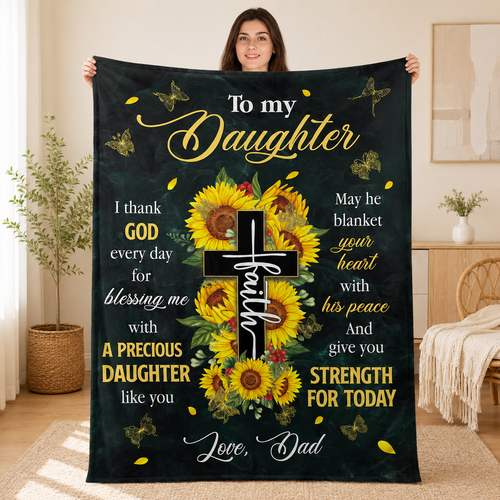 Sunflower Cross, Gift For Daughter From Dad | Personalized Fleece Blanket