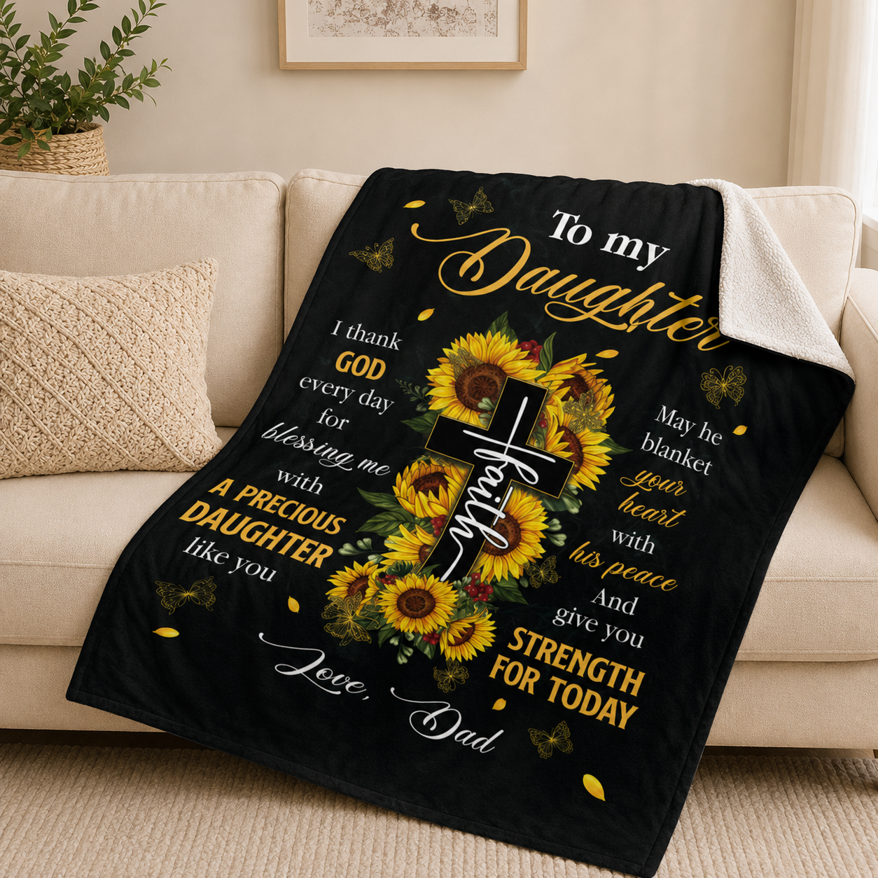 Sunflower Cross, Gift For Daughter From Dad | Personalized Fleece Blanket