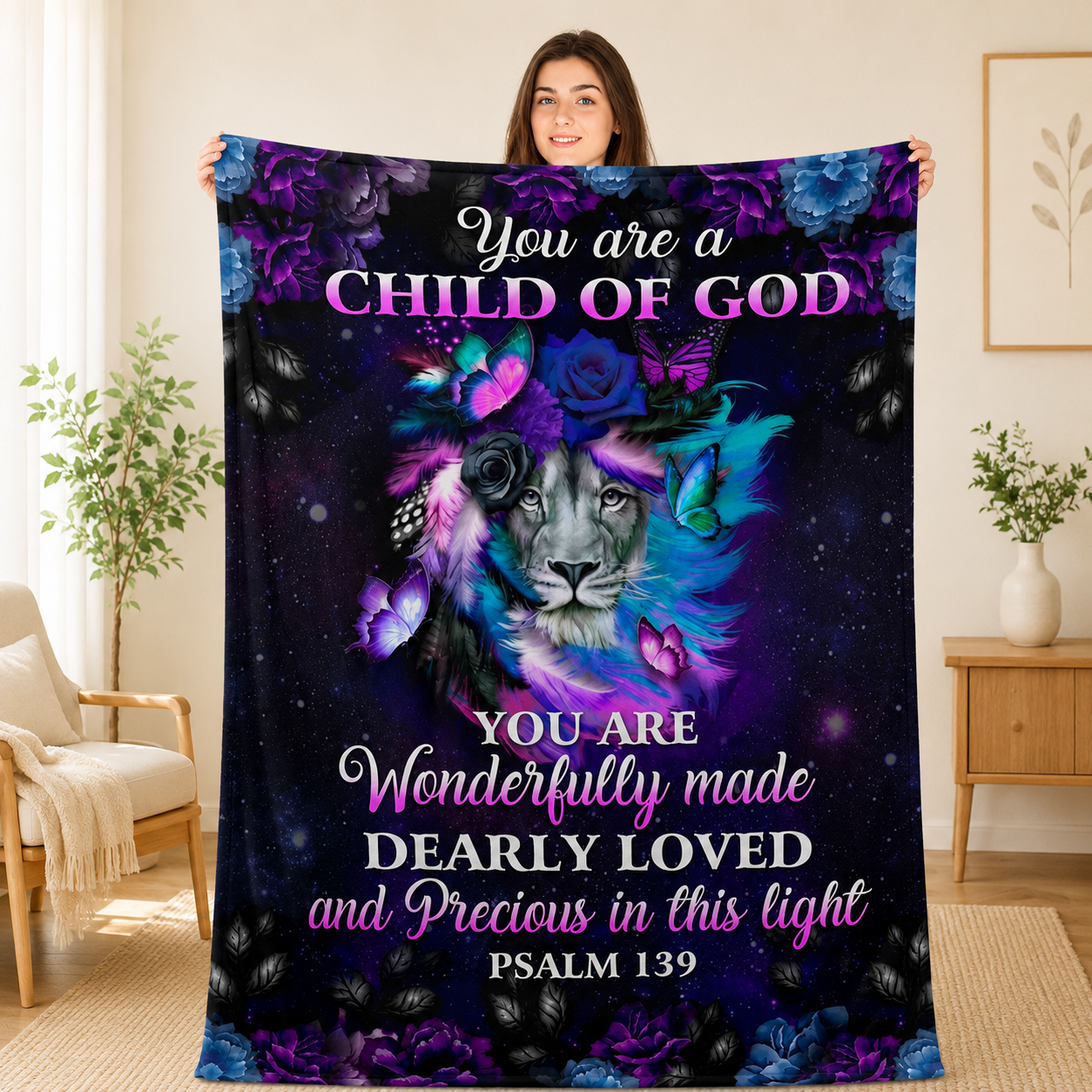 You Are A Child Of God, Psalm 139, Lion And Butterfly | Personalized Fleece Blanket