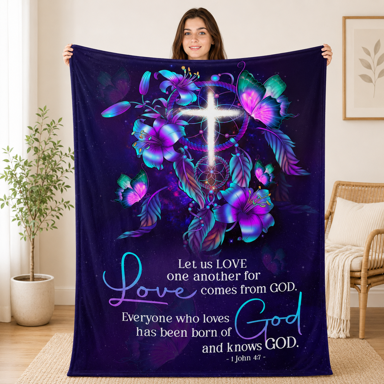 Everyone Who Loves Has Been Born Of God And Knows God, 1 John 4:7, Lily And Cross | Personalized Fleece Blanket