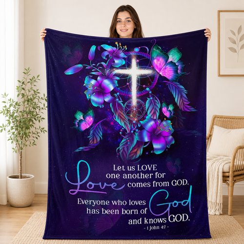 Everyone Who Loves Has Been Born Of God And Knows God, 1 John 4:7, Lily And Cross | Personalized Fleece Blanket