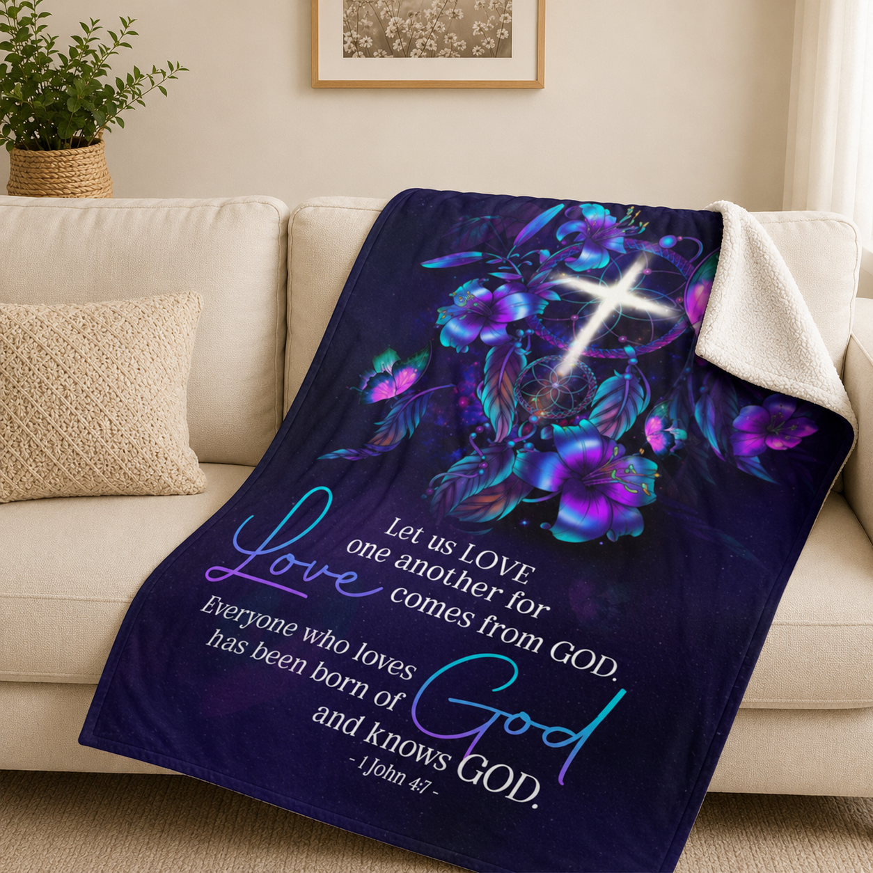 Everyone Who Loves Has Been Born Of God And Knows God, 1 John 4:7, Lily And Cross | Personalized Fleece Blanket