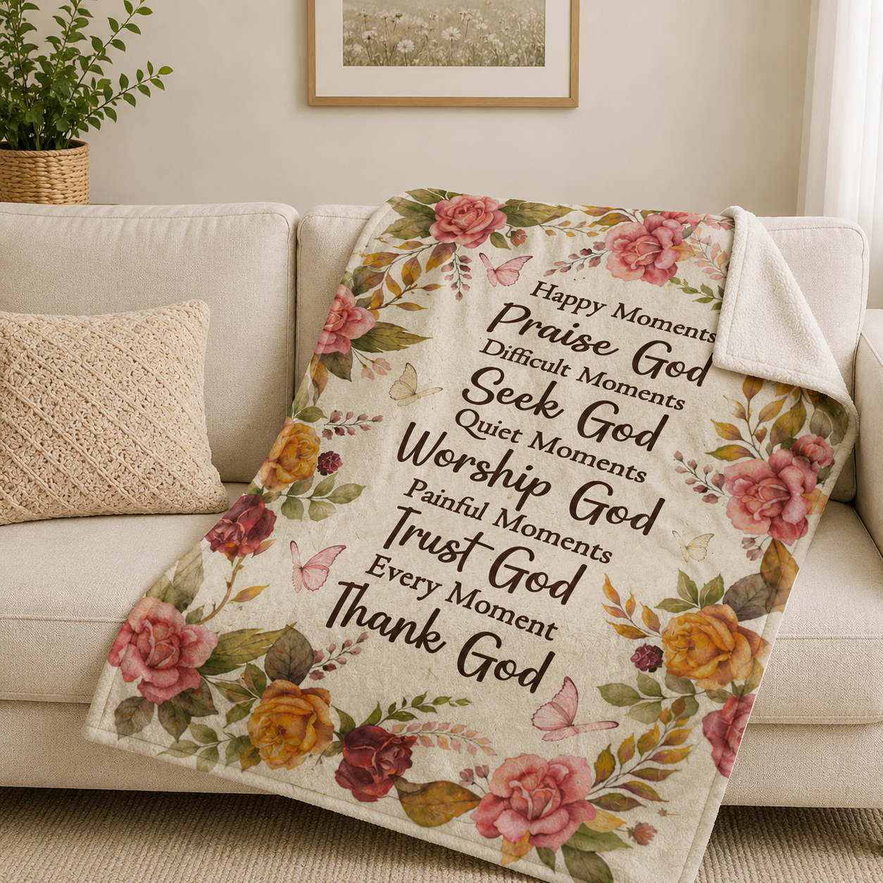 Praise God, Trust God, Thank God, Roses And Butterfly | Personalized Fleece Blanket