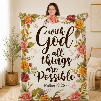 With God All Things Are Possible, Matthew 19:26, Rose And Butterfly | Personalized Fleece Blanket