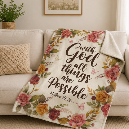 With God All Things Are Possible, Matthew 19:26, Rose And Butterfly | Personalized Fleece Blanket