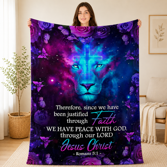 We Have Peace With God, Romans 5:1, Lion And Rose Shining Cross | Personalized Fleece Blanket