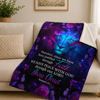 We Have Peace With God, Romans 5:1, Lion And Rose Shining Cross | Personalized Fleece Blanket