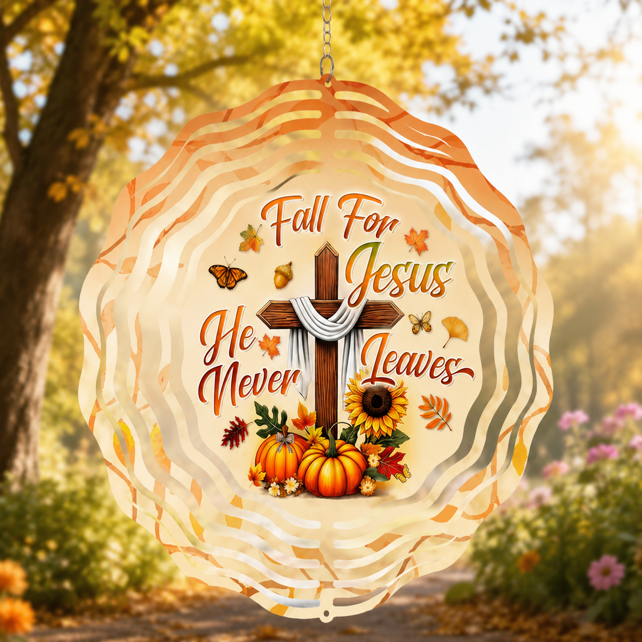 Fall For Jesus He Never Leaves, Christian Gift | Wind Spinner