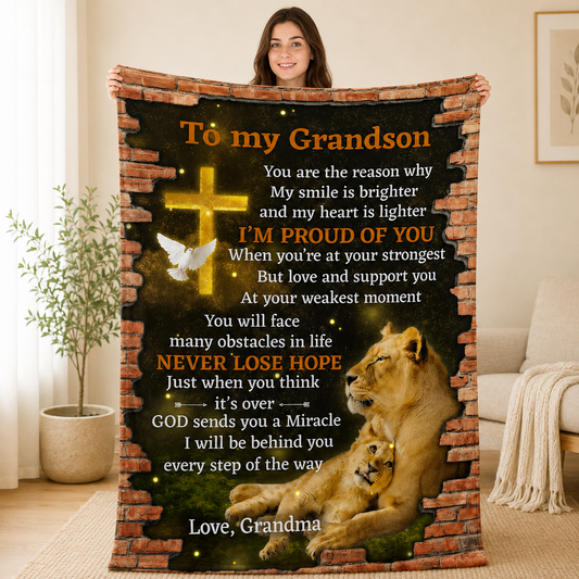 I Will Be Behind You Every Step Of The Way, Lion Gift For Grandson | Personalized Fleece Blanket
