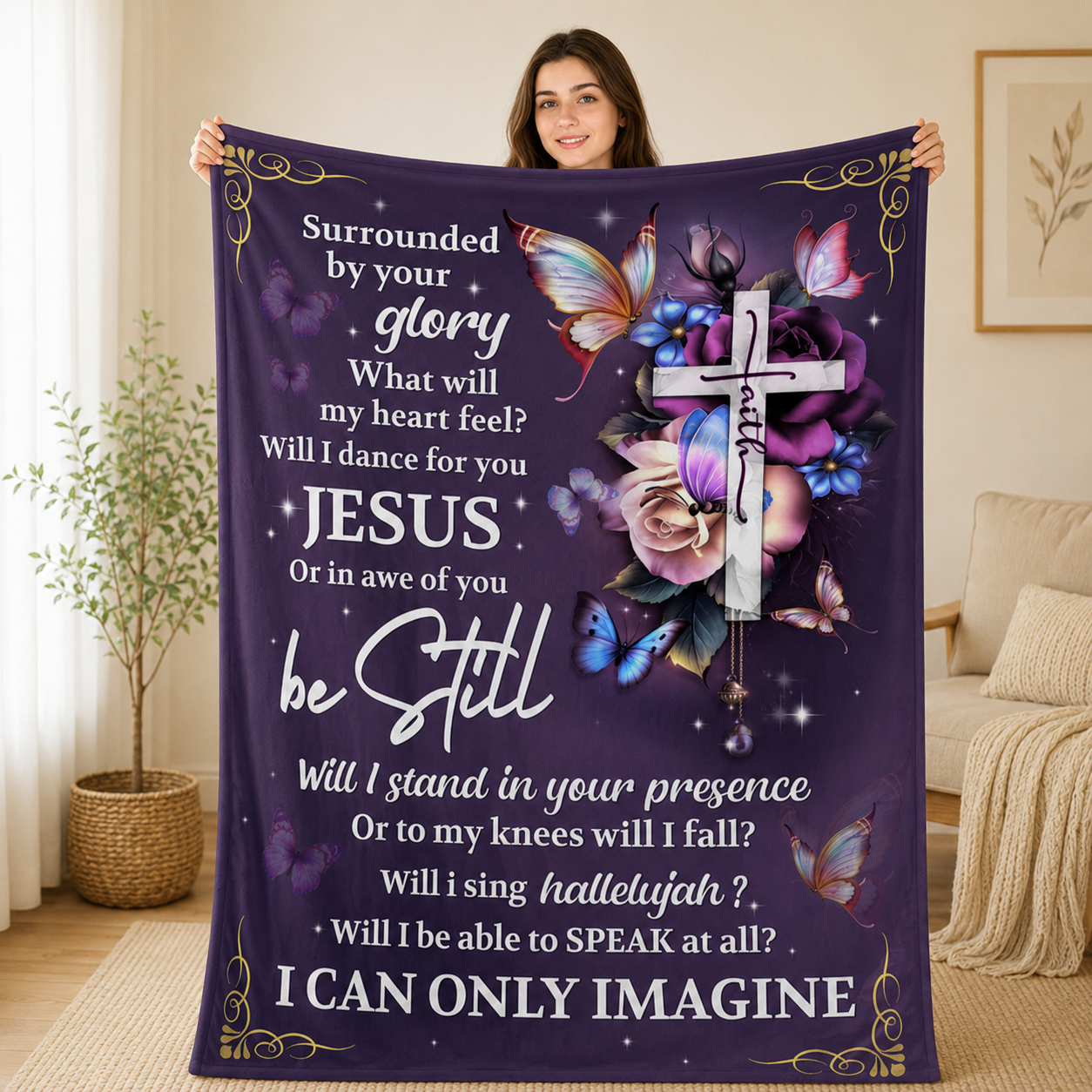I Can Only Imagine, Jesus Cross Butterfly Floral Faith | Personalized Fleece Blanket