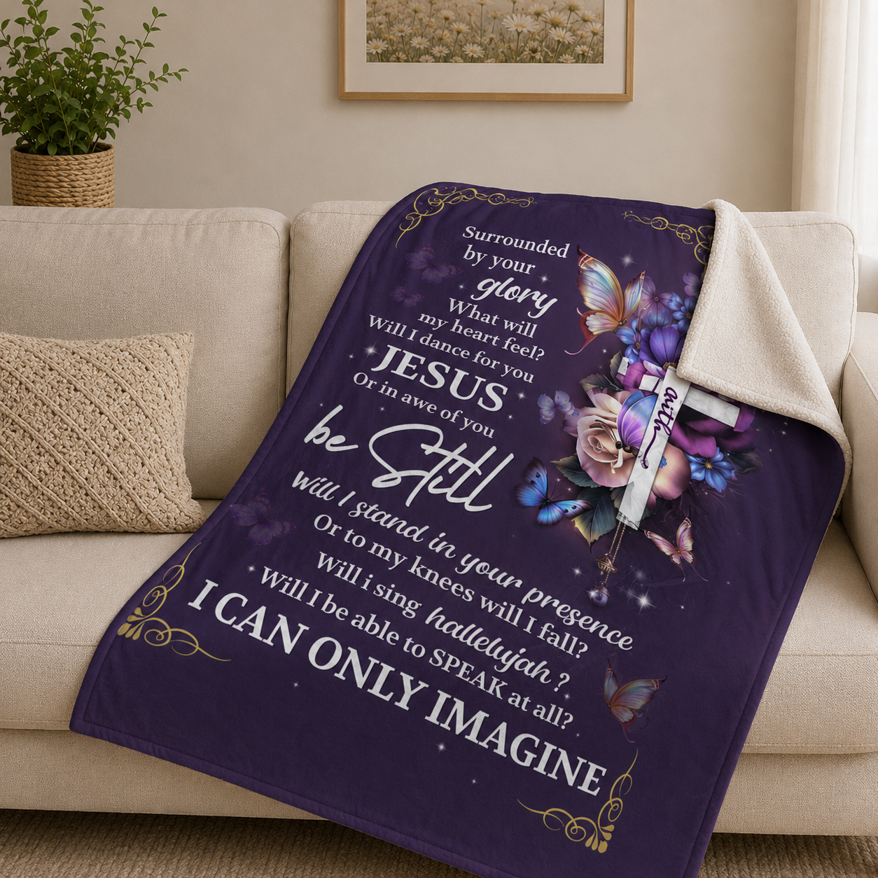 I Can Only Imagine, Jesus Cross Butterfly Floral Faith | Personalized Fleece Blanket