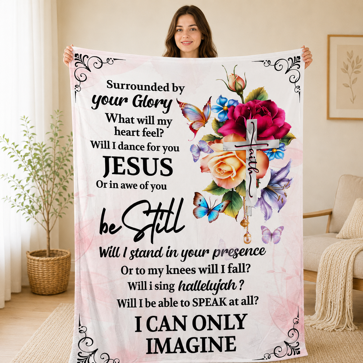 I Can Only Imagine, Jesus Cross Floral Faith | Personalized Fleece Blanket