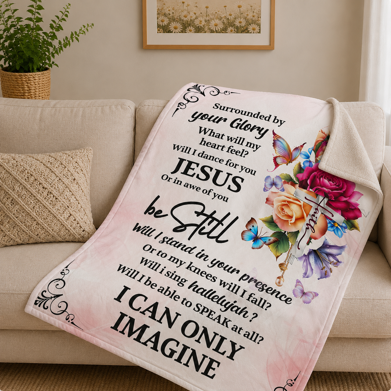 I Can Only Imagine, Jesus Cross Floral Faith | Personalized Fleece Blanket