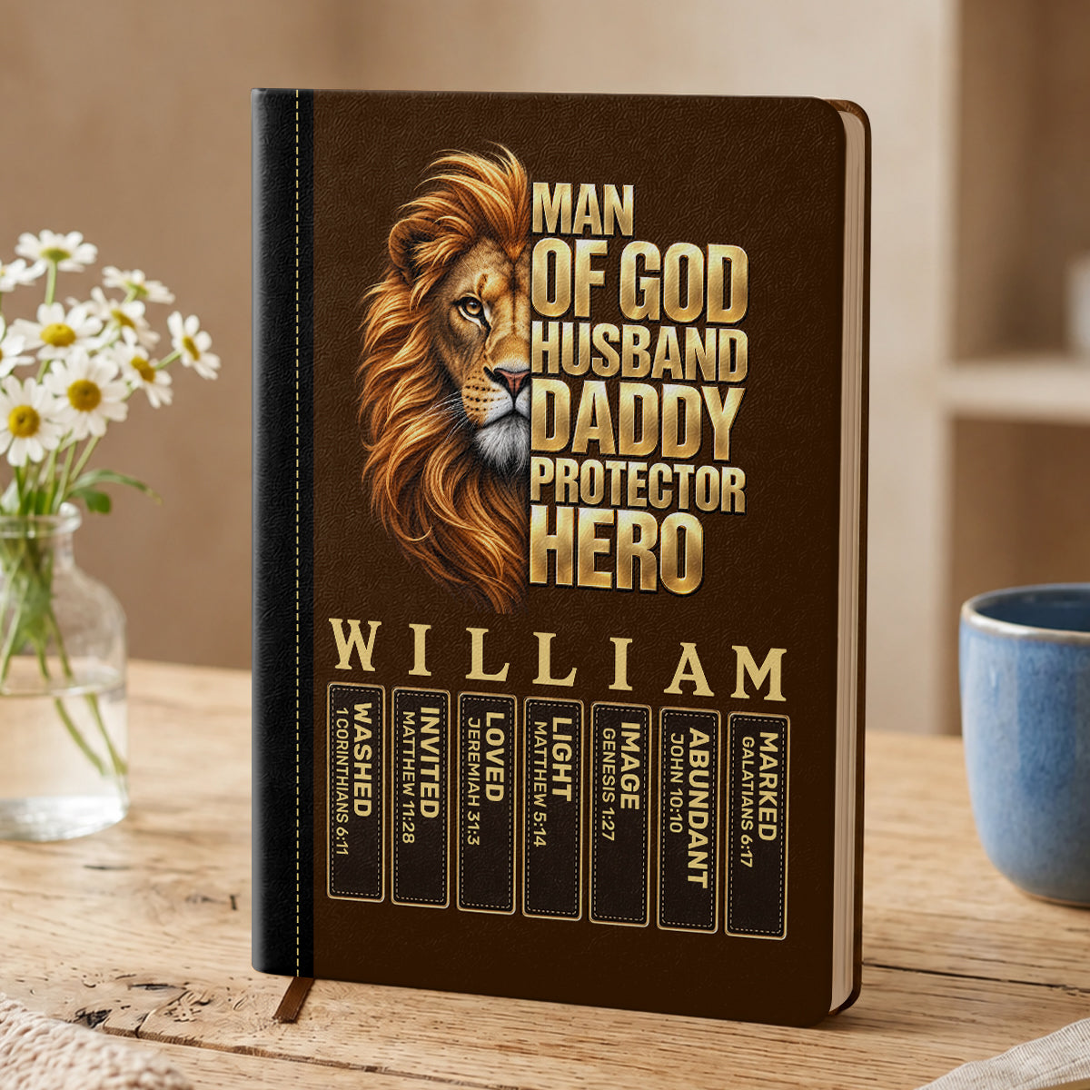 Man Of God Husband Dad Protector Hero, Gift For Dad | Personalized Leather Cover Notebook