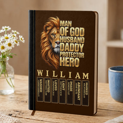 Man Of God Husband Dad Protector Hero, Gift For Dad | Personalized Leather Cover Notebook