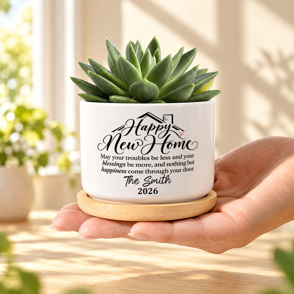 Personalized Ceramic Plant Pot With Bamboo Tray