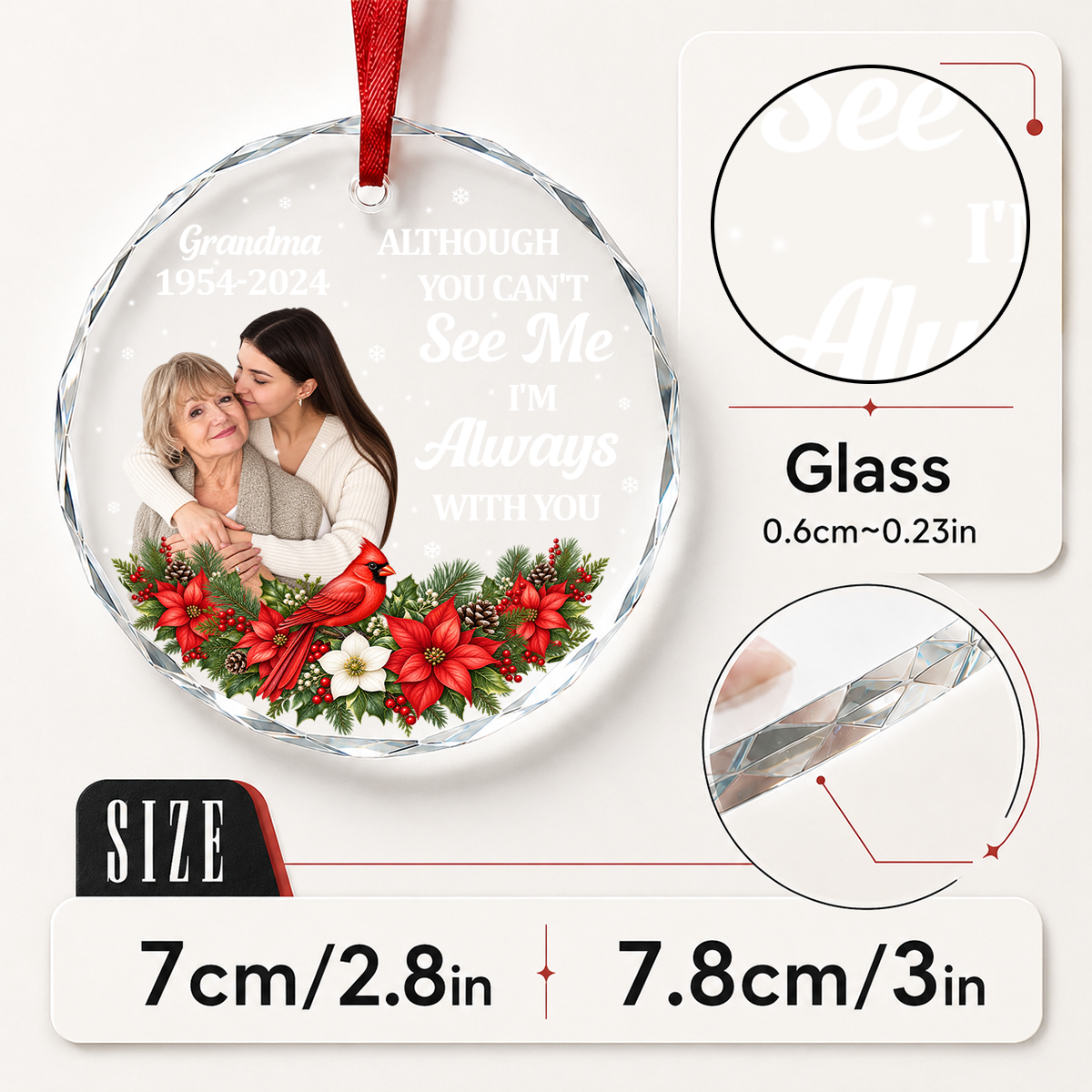 Although You Can't See Me, I'm Always With You, Gift For Mom Or Grandma - Personalized Heart Shaped Glass Ornament