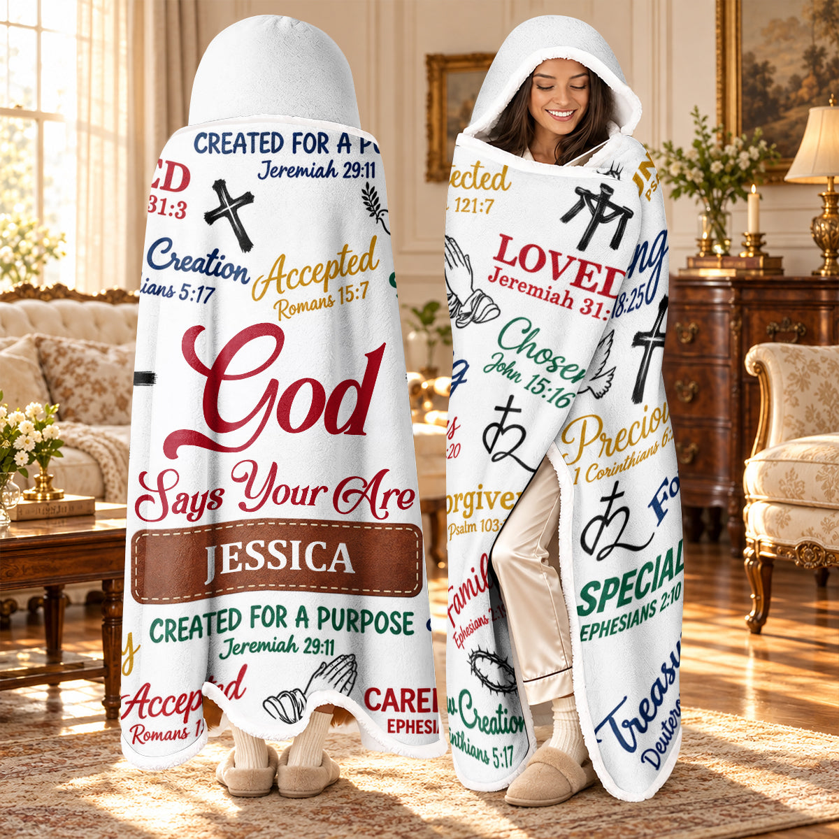 Christian Bible Verse Affirmations, Gift For Loved One | Personalized Wearable Blanket Hoodie
