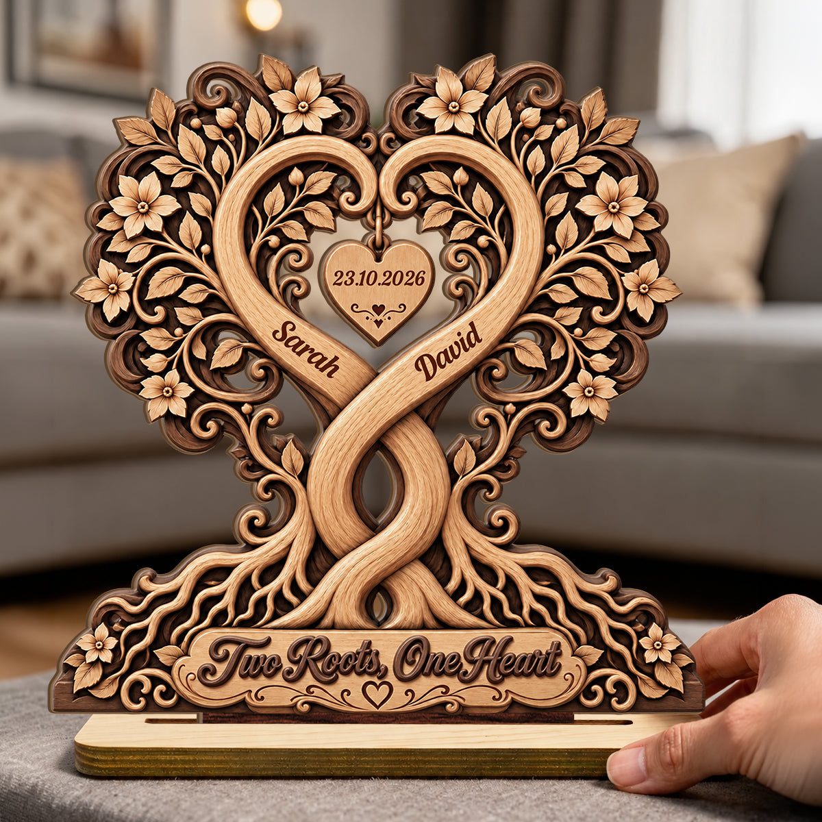 Couple Heart Tree Wooden Block, Anniversary Gifts For Couples | Personalized 2-Layer Wood Plaque With Flat Base