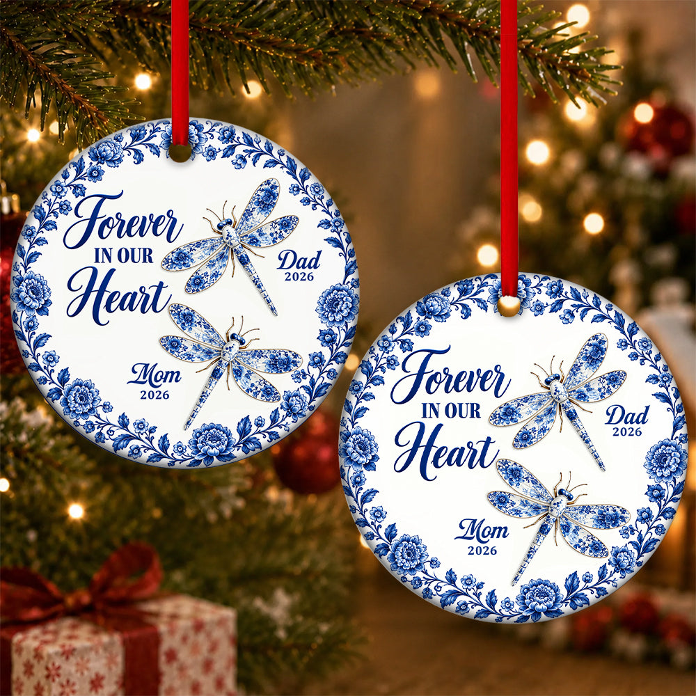 Remembrance Dragonfly, Personalized Gift For Family - Personalized Heart Shaped Ceramic Ornament