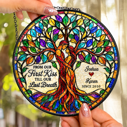 From Our First Kiss Tree Of Love, Gift For Loved One | Personalized Stained Glass Window Hanging Suncatcher