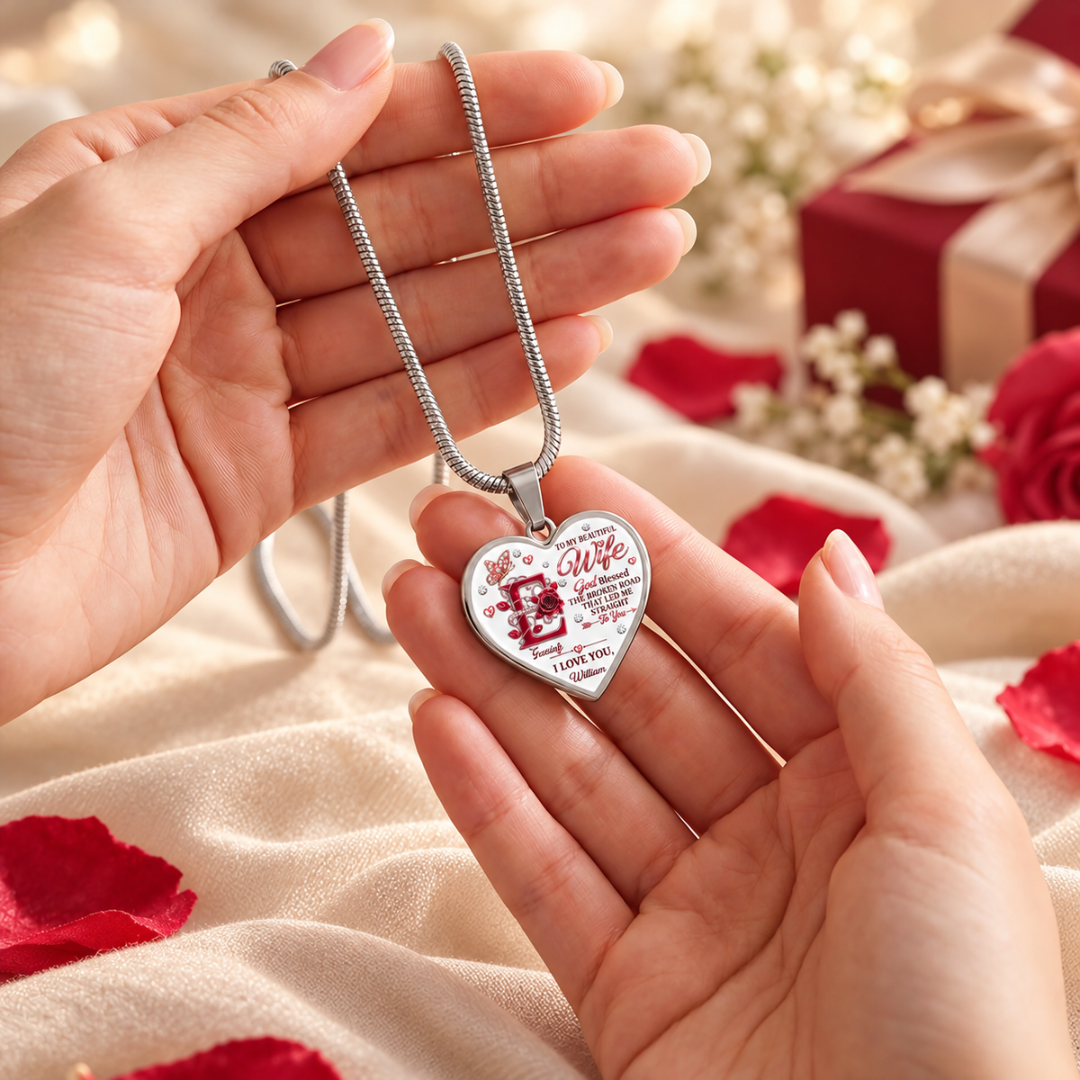 To My Wife God Blessed The Broken Road I Love You, Gift For Wife From Husband - Personalized Heart Necklace