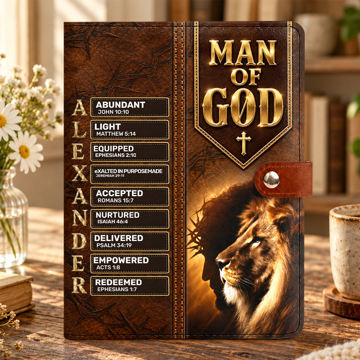 Man Of God, Gift For Men | Personalized Leather Notebook Cover With Pocket