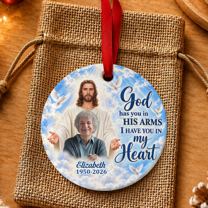 God Has You In His Arms, Gift For Mom | Personalized Heart Shaped Ceramic Ornament