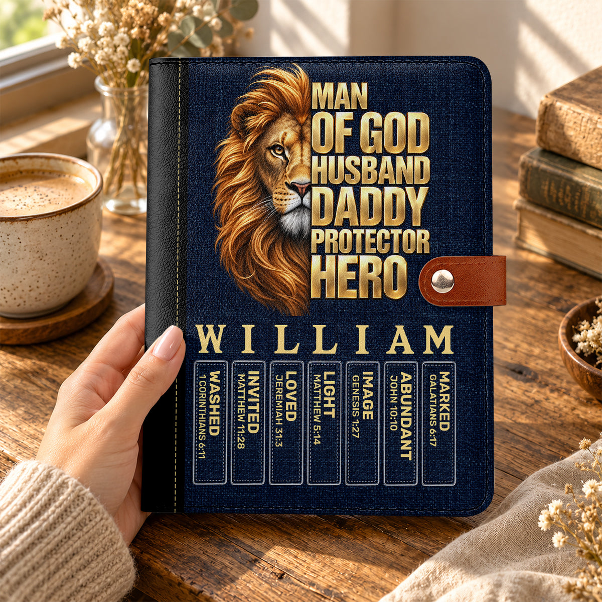 Man Of God Husband Dad Protector Hero, Gift For Dad | Personalized Leather Notebook Cover With Pocket