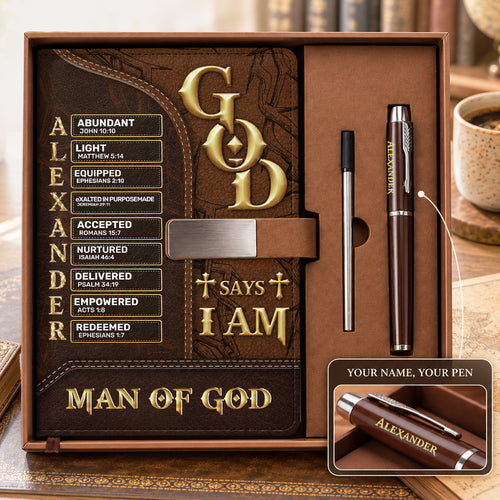 Man Of God, Gift For Husband | Personalized Leather Notebook & Pen Set