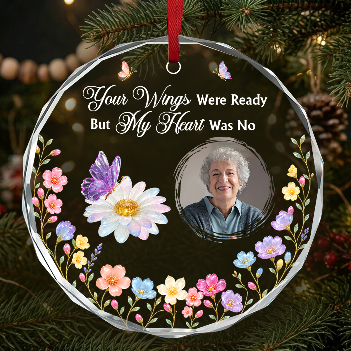 Remembrance Gemstone Butterfly, Gift For Loved One - Personalized Round Shaped Glass Ornament