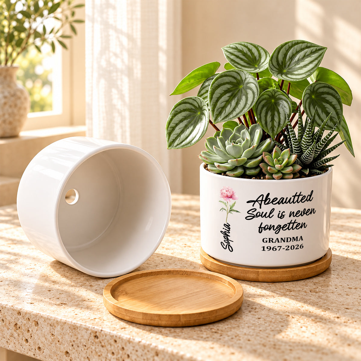 A Beautiful Soul Is Never Forgotten Grandma, Memorial Gift | Personalized Ceramic Plant Pot With Bamboo Tray