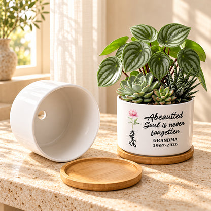 A Beautiful Soul Is Never Forgotten Grandma, Memorial Gift | Personalized Ceramic Plant Pot With Bamboo Tray